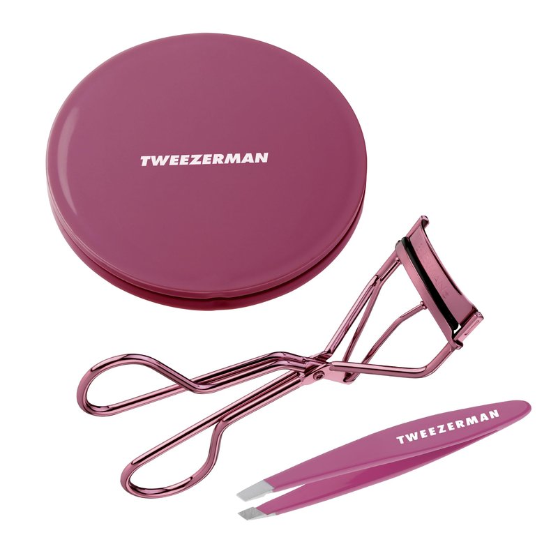 Tweezerman Brow & Lash Set - Compact Mirror, Mini Slant Tweezer and Lash Curler for All Eye Shapes