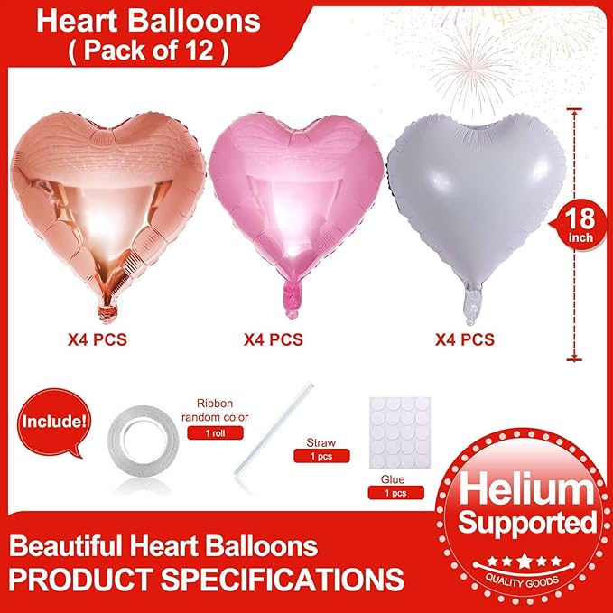 Lovoir 12 Pcs Pink Heart Shape Foil Mylar Balloons 18 Inch Love Balloons for Valentine's Day Birthday Party Decorations Wedding Engagement Romantic Decor (Pearl Pink & White & Rose Gold)