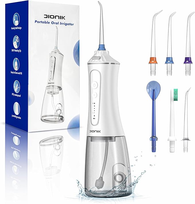 DIONIK Water Flosser Rechargeable, Cordless & Portable Water Flosser for Teeth Cleaning, Electric Oral Irrigator with 5 Modes, IPX7 Waterproof, 300ML Tank for Braces & Gum Care
