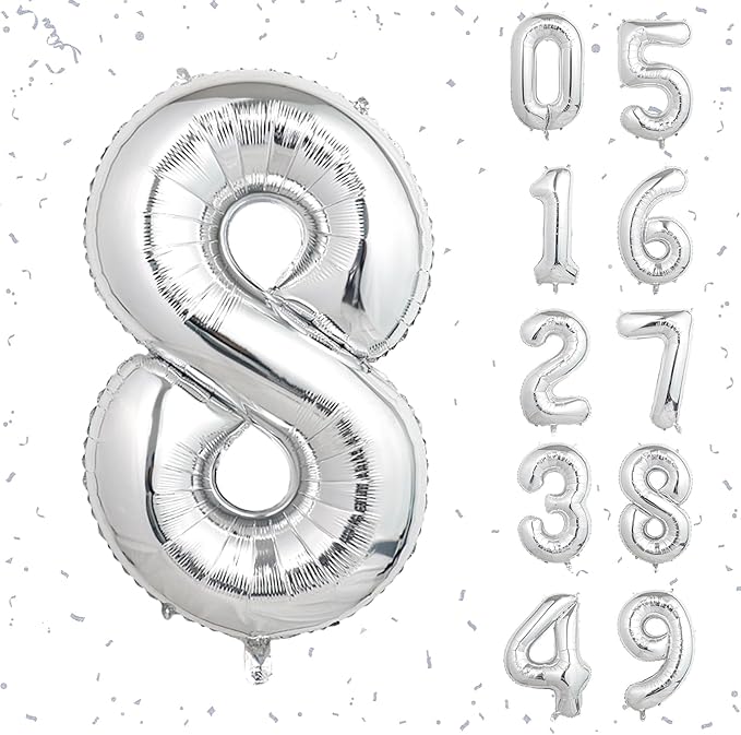 40 Inch Silver Number Balloons, Helium Mylar Foil Number Balloons for Birthdays, Number 8 Balloon for Party Wedding Bachelorette Birthday Bridal Shower Graduation Anniversary Celebration Party Decorations Supplies