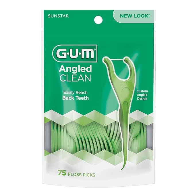 GUM Angled Floss Picks, Perfect for Tight Teeth, Extra Strong Shred-Resistant Dental Floss, Angled for Easy Reach, Dental Flossers for Adults, Fresh Mint Flavor, 75 Count (Pack of 4)