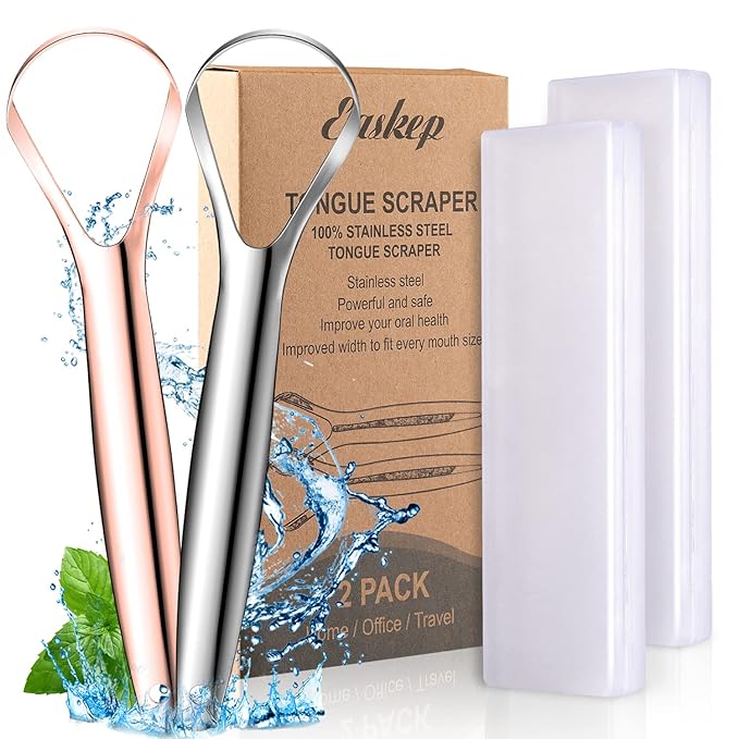 Tongue Scraper (2 Pack), Wide-Head Tongue Cleaner with Nice Carrying Box, Easkep 100% Stainless Steel Tongue Scrapers Cleaners, for Men, Women, Adults, Kids