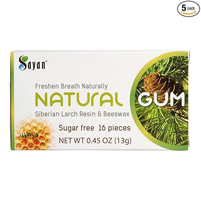 Sayan Sugar Free All Natural Gum, Siberian Larch Tree Resin and Beeswax Chewing Gum for Fresh Breath, Vegetarian, Non-GMO, No Sugar, Gluten Free, Aspartame Free, No Preservatives - 5 Packs (80 Pieces)