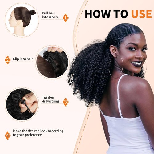 Afro Kinky Curly Ponytail Human Hair 150% Density Brazilian Virgin Hair 4C Afro Puff Drawstring Ponytail Extension for Black Women Dark Brown Color （22 Inch 4#）