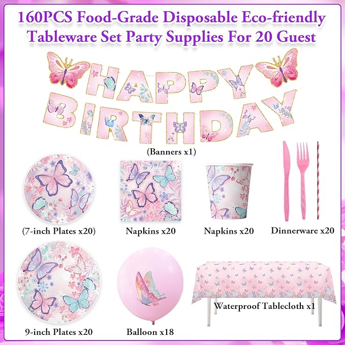 Pink Butterfly Birthday Party Supplies Tableware Sets,Includes Disposable Plates, Napkins, Cups,Straws,Cutlery, Balloons, Banner, and Tablecloth for Party Baby Shower Birthday Decorations,Serves 20