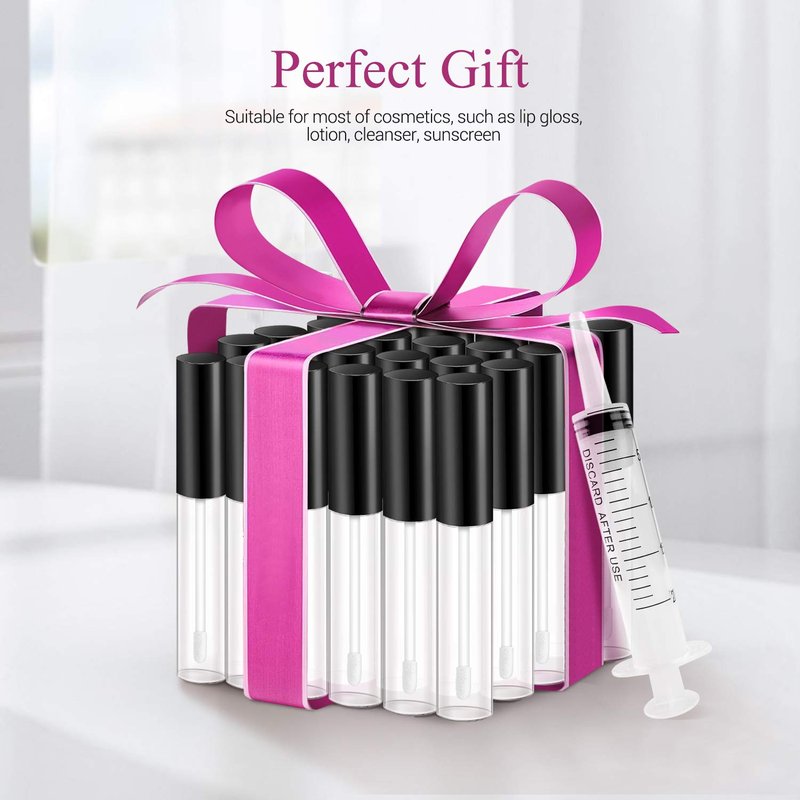 KPX 30 Pcs lip Gloss Tube Containers Bulk Wand 10ml Empty Clear Pink Lip Oil Tubes Refillable Lip Balm Bottles with Rubber Insert for DIY Makeup Such as Lip Samples, Homemade Lip Balm(Black)