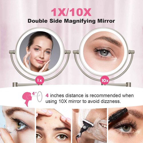 FASCINATE Upgraded Wall Mounted Makeup Mirror with Lights, Super Large Double Sided 1X/10X Magnifying Mirror for Bathroom, 360° Swivel Extendable Plug Touch Sensor Vanity Mirror