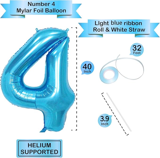 40 Inch Blue Number Balloons, Helium Mylar Foil Number Balloons for Birthdays, Number 4 Balloon for Party Wedding Bachelorette Birthday Bridal Shower Graduation Anniversary Celebration Party