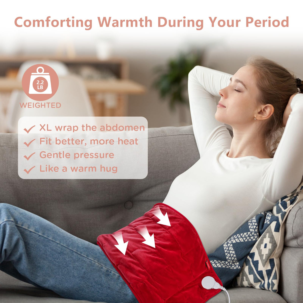 Comfytemp Weighted Heating Pad for Back & Period, 12x24 Extra Large Electric Heat Pad, 2.2 lb Neck Shoulder Heated Pad, 2H Auto-Off, Red