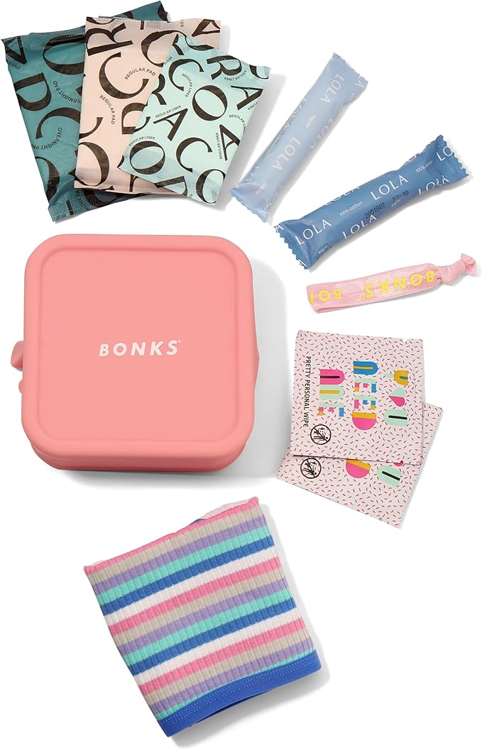 BONKS GoGo Kit - First Period Kit - Tween Period Starter Kit - Emergency Kit for Girls - Essential Hygiene Kit - Includes Pads, Tampons, Underwear & More - S/M (12-14)