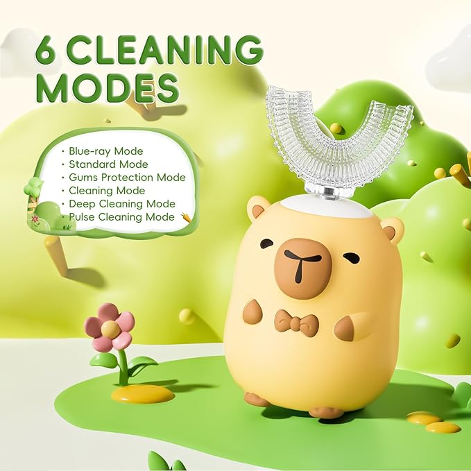 Kids Electric Toothbrush U Shaped - Cartoon Capybara with 6 Brush Heads Full Mouth Degree Cleaning Sonic Toddler Automatic Toothbrush with IPX7 Waterproof (Capybara 2-14 Years)