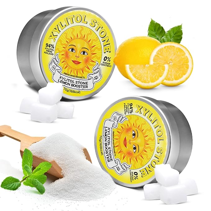 Xylitol Stone Sugar Free Candy - Vegan & Keto Friendly Unique Hard Candy Sugar-Free - 100% Natural Flavor Candies - Gluten Free & Non-GMO Breath Freshener Low Calorie Mints- Lemon Booster (Pack of 2)
