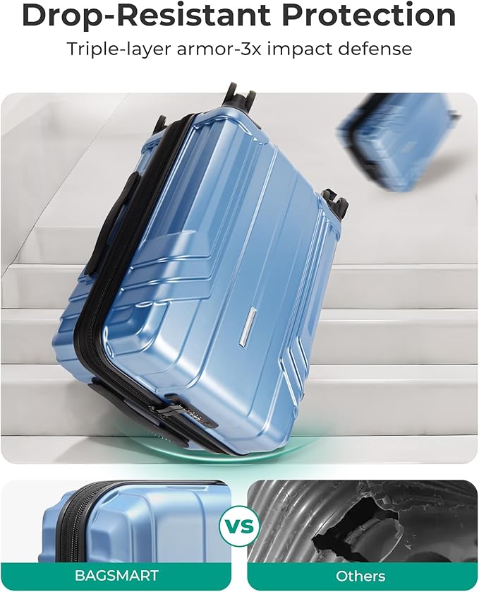 BAGSMART Expandable Carry On Luggage 22x14x9 Airline Approved, 1OO% PC Lightweight Hard Shell Suitcase, 20 Inch Travel Luggage with Spinner Wheels, Waterproof Rolling Suitcase,Blue