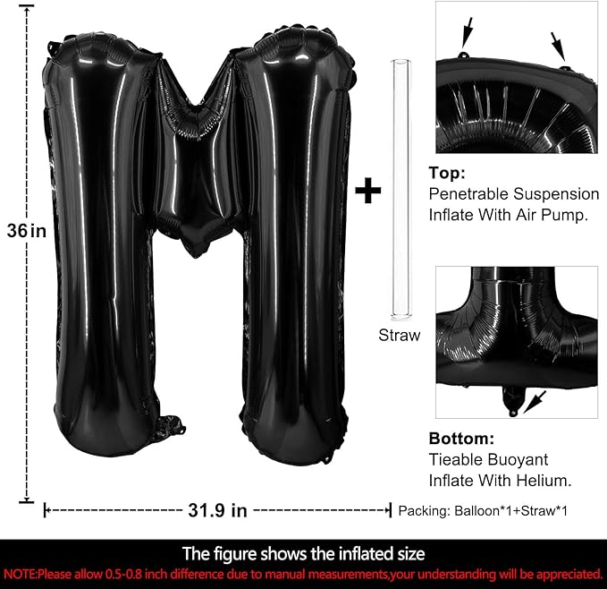 Lovoir 40 Inch Large Black Letter M Balloons Big Size Jumbo Mylar Foil Helium Balloon for Birthday Party Celebration Decorations Alphabet Black M