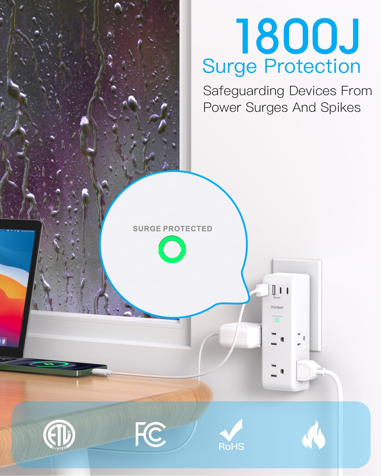 Surge Protector Outlet Extender with Rotating Plug, 6 AC Multi Plug Outlet with 4 USB Ports (3 USB C), 1800 J, 3-Sided Swivel Power Strip with Spaced Outlet Splitter for Dorm Office, White-2 Pack