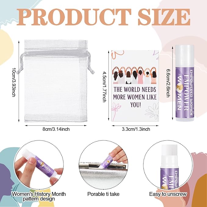 36 Set Women's History Month Gift Bulk Freedom Equality Feminism Funny Lip Balm Tag Organza Bag Gift for Womens History Month Theme Favor International Womens Day Female Awareness Gifts