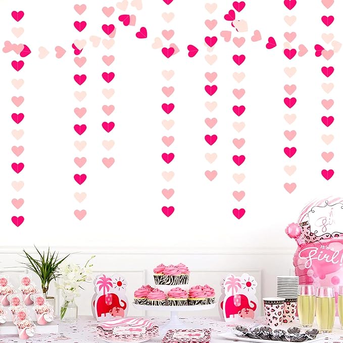 Hot-Pink Valentines-Day Party-Decorations Heart Garland - 52Ft Proposal Special Night Galentines Wedding Paper Streamers Banner, Girl Birthday Engagement Bachelorette Decor Lasting Surprise