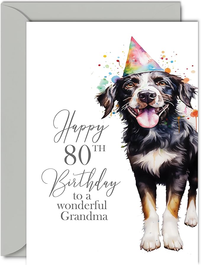 80th Birthday Cards for Grandma - Party Dog - Happy Birthday Card for 80 Year Old Grandma from Granddaughter Grandson, 5x7 Inch Bday Woman Women Her Greeting Cards Gift for Grandma Birthday Gifts