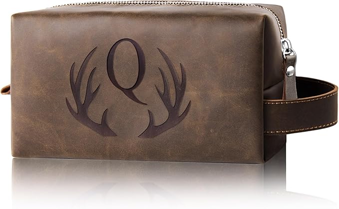 Personalized Travel Toiletry Bag for Men Initial Letter PU Leather Waterproof Shaving Bag for Toiletries Accessories Travel Essentials Storage Bags Fathers Day Birthday Gifts for Men (Q)