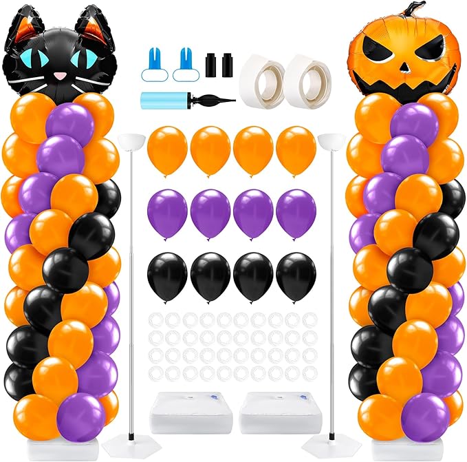 Kasyat 2 Set Halloween Balloon Column Stand Kit with Cat Head Scary Pumpkin Foil Balloon Orange Black Purple Arch Garland Kit for Spooky Birthday Party Halloween Theme Decoration