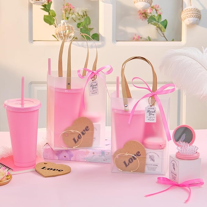 56Pcs Baby Shower Prizes for Game Winners Baby Shower Favors Gifts including Plastic Tumbler Notebook Scented Candles Ballpoint Pen Mirrors with Hair Brushes Bracelet Gift Bag (Pink)