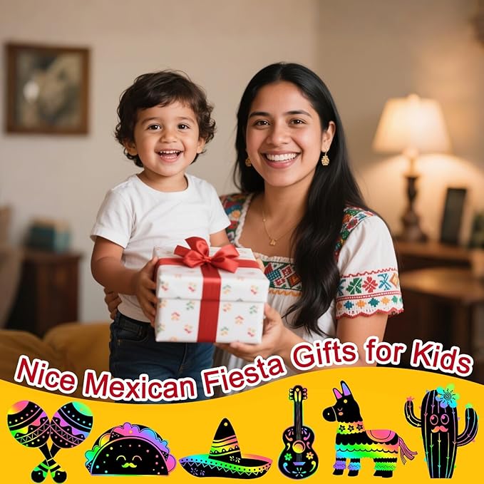 JULMELON 36 PCS Mexican Crafts for Kids, Rainbow Scratch Art for Kids Mexican Fiesta Gifts DIY Magic Color Fiesta Scratch Cards for Mexican Fiesta Party Favors Cinco De Mayo Party Decorations