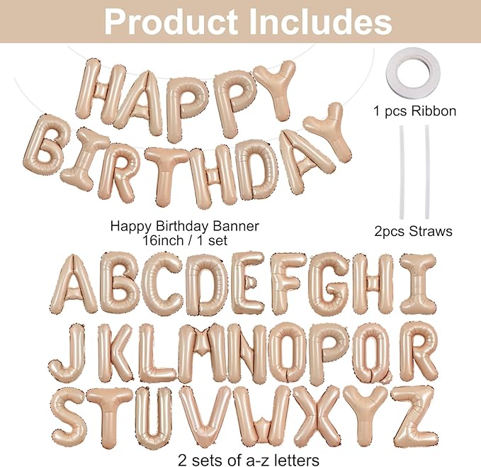 TONIFUL 65 Pcs 16 Inch Caramel Happy Birthday Balloons and 2 Sets A-Z Foil Letters Balloons DIY Personalized Phrase Banner for Birthday Celebration Halloween Thanksgiving Christmas Party Decorations