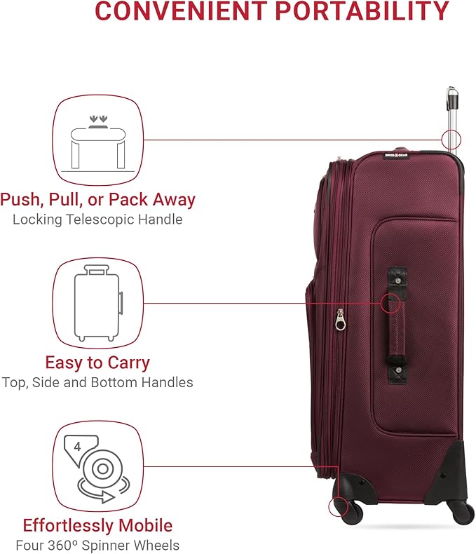 SWISSGEAR Sion Softside Expandable Spinner Luggage Durable Lightweight Travel Suitcase, Merlot, 3-Piece Set (21/25/29)