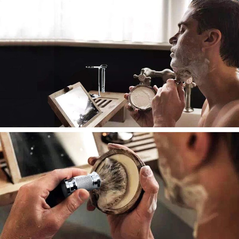 Jolitac Wet Shaving Kit For Men - Badger Hair Shaving Brush, Stainless Steel Bowl Mug, Double Edge Safety Razor, Men's Safety Razor Grooming Gift Set (Silver)