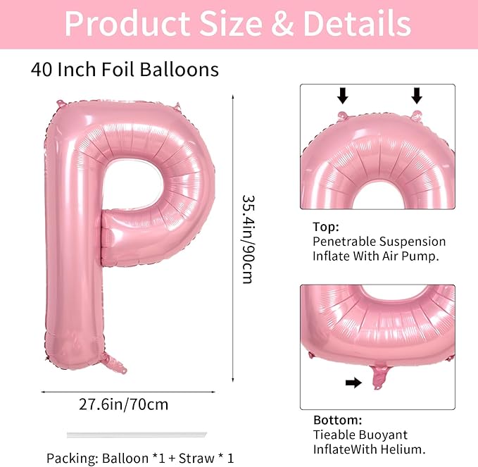Biapian 40 Inch Letter Balloons, Light Pink Letter P Balloon Giant, Alphabet P Balloon Foil with Straw, Macaron Pink Letters Balloon for Girls Women Birthday Party Baby Shower Anniversary Decoration