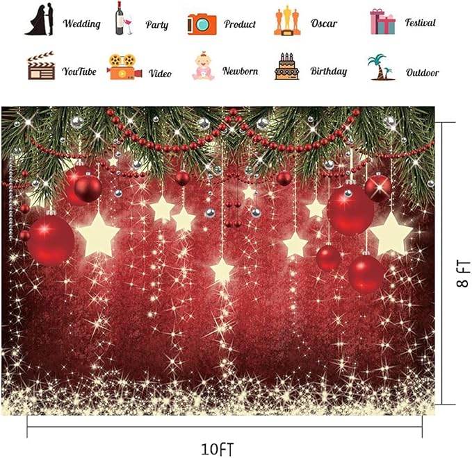 CHAIYA 10x8ft Christmas Red Photography Backdrop Xmas Theme Backdrop New Year Decoration Background Christmas Family Party Decorations Banner