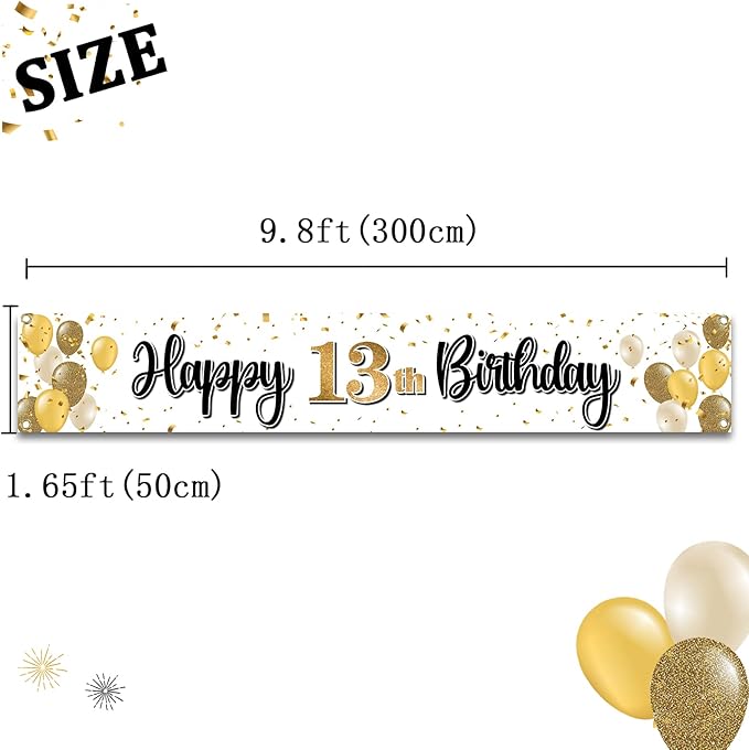 Happy 13th Birthday Decorations,13th Gold Balloon Large Birthday Hanging Banner Sign,Cheers to Thirteen Years Old Bday Party Supplies.