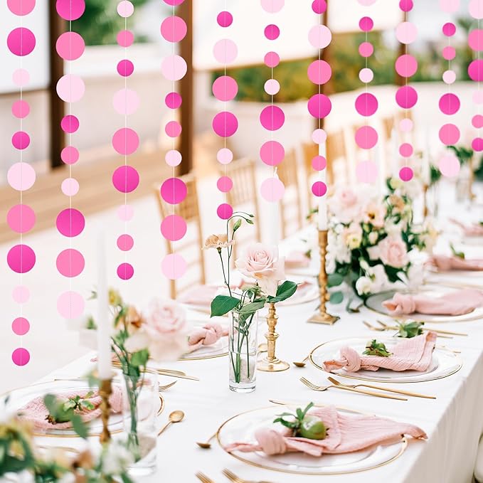 5 Pcs Hot Pink Garland Glitter Pink Circle Dots Garland, PLULON 65 Ft Hanging Paper Polka Dot Streamer Backdrop Banner for Pink Party Decor Birthday Baby Shower Wedding Classroom Stitch Party Supplies
