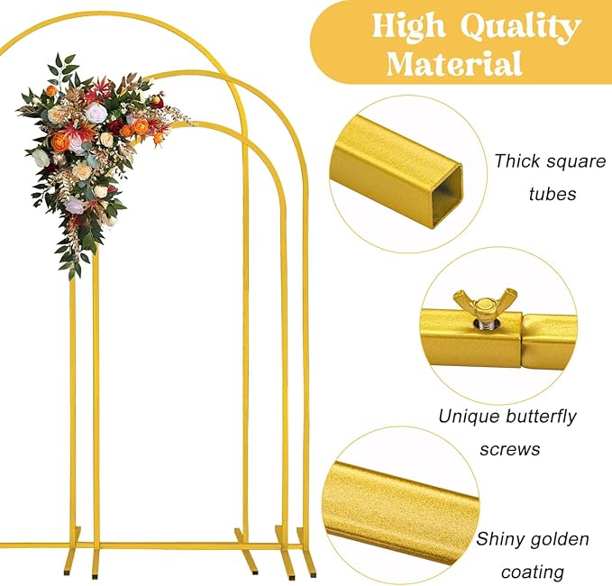 Fivenl Set of 3 Arch Backdrop Stand 7.2FT, 6.6FT, 6FT Gold Wedding Balloon Stand Stable Metal Door Frame for Ceremony Birthday Party Bridal Baby Shower Banquet Decoratio
