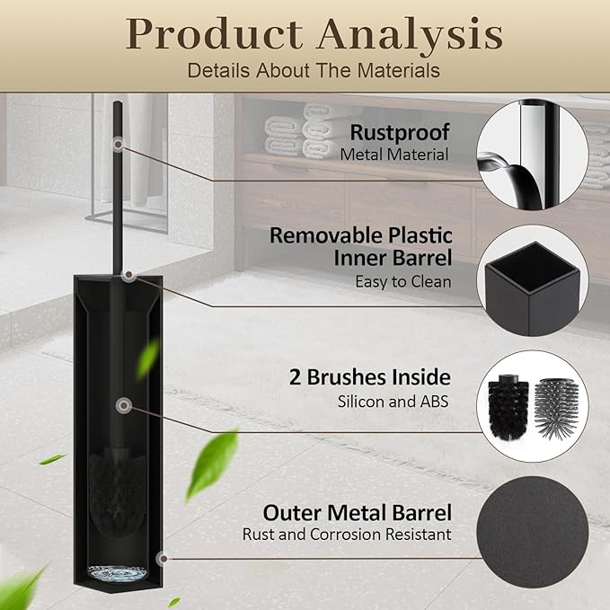 Toilet Brush and Holder Wall Mounted, Black Aluminum with 2 Replaceable Heads, Bathroom Toilet Brush, Drill or 3M Adhesive Mount, Removable Liner and Splash Guard, Modern Square Design