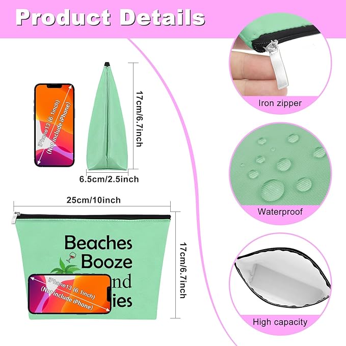 Mxrymvu Beach Gifts for Women Friends Makeup Bag Beach Lover Gifts Funny Vacation Themed Cosmetic Bag for Women Besties Birthday Christmas Graduation Present Travel Pouch（Green）