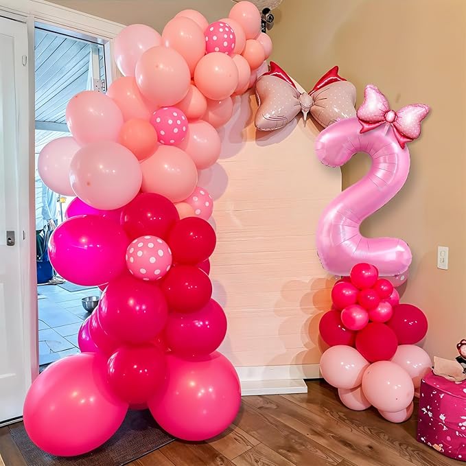 Pink 2nd Birthday Balloons Decorations, Hot Pink Rose Polka Dots Balloons Arch Kit, Huge Bow Foil Balloon, pink Number 2 Balloon Tower for Baby Shower Girls Princess 2nd Theme Party