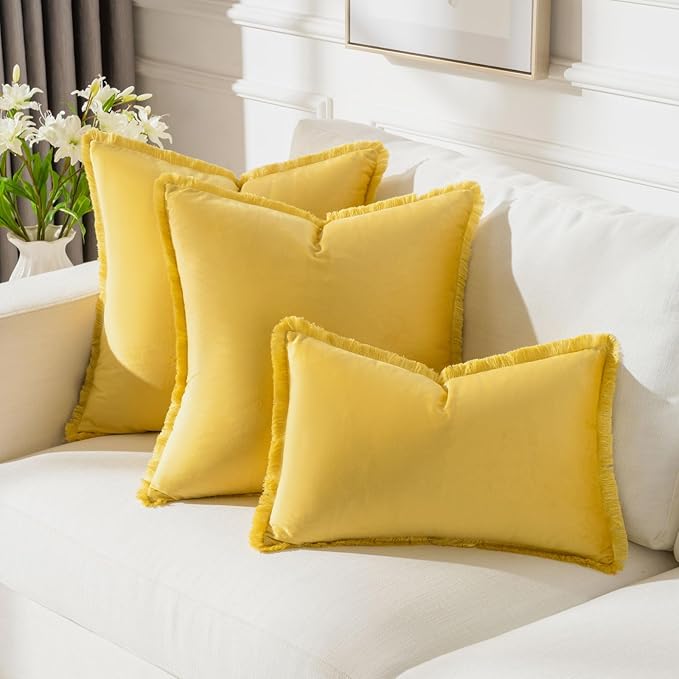 FUTEI Lemon Yellow Velvet Decorative Throw Pillow Covers 20x20 Set of 2,Soft Cozy Edge with Tassels Cushion Case,Boho Modern Home Decor for Couch Bed Living Room