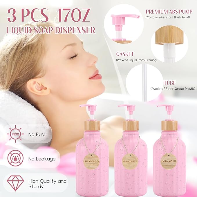 32PCS Pink Bathroom Accessories Set with Shower Curtain,Rugs,3PCS Lotion Soap Dispenser,6PCS Wood Tags Bath Accessories with Tray for Bathroom