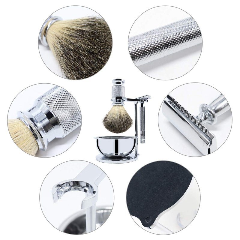 Jolitac Wet Shaving Kit For Men - Badger Hair Shaving Brush, Stainless Steel Bowl Mug, Double Edge Safety Razor, Men's Safety Razor Grooming Gift Set (Silver)