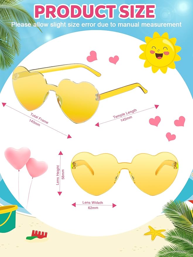 Heart Shaped Sunglasses for Women Colorful Glasses Fun Trendy Transparent Heart Sunglasses Party Favor (1 Pair-Transparent Yellow)