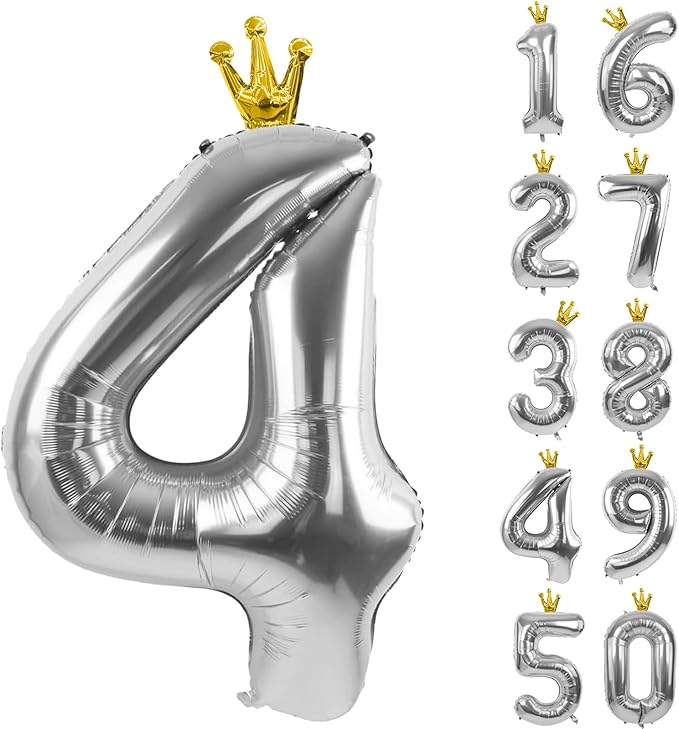 Silver Number 4 Balloon with Crown, 40 inch Silver Number Balloon 4th Birthday Party Decoration Silver Crown Balloons 0-9 for Birthday Party Anniversary Decorations Supplies