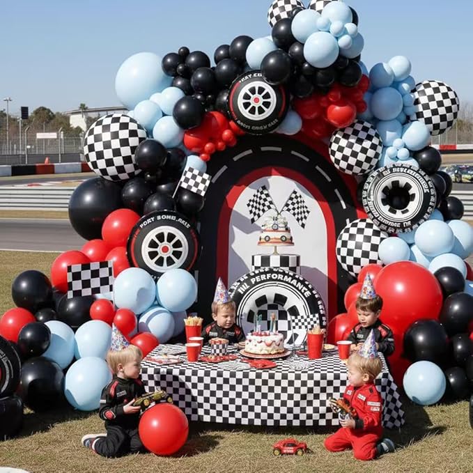 Race Car Balloon Arch Kit - 168Pcs Different Size Balloons Tire Flags Checkered Black Red Blue Balloon Garland Kit for Racing Car Two Fast 2nd Theme Boy Birthday Anniversary Party Decorations