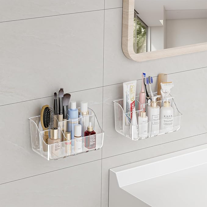 2-Pack Clear Toothbrush Holders for Bathroom Organizers and Storage, Wall-Mounted Tooth Brush Holder and Toothpaste Holder for Bathroom Wall, Countertop - Bathroom Accessories