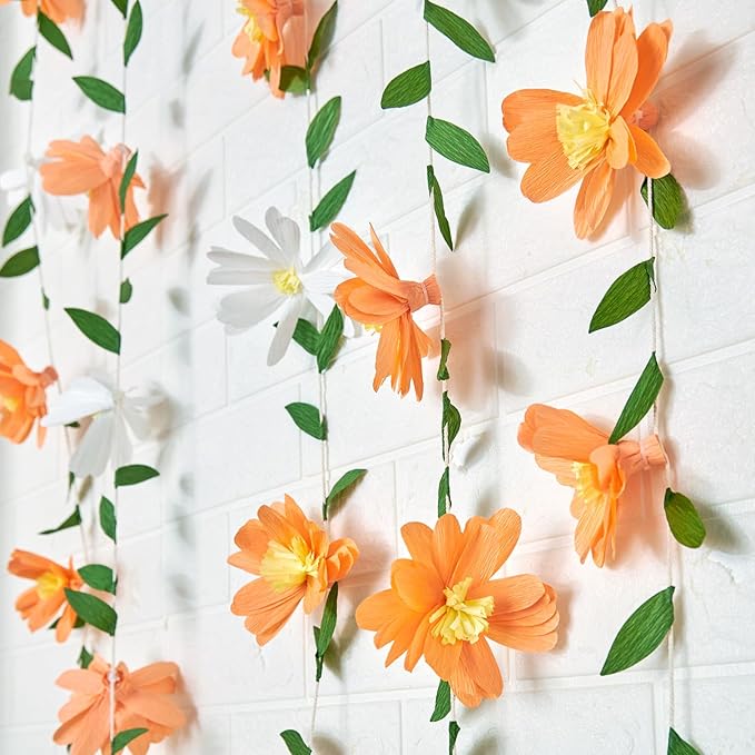 2PCS Paper Flower Garland, Paper Leaves Banner Vine Flowers with Green Leaves Crepe Flower Garland Decorations for Wall Anniversary Wedding Birthday Arch Decor-Orange