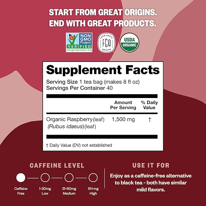 FGO Organic Red Raspberry Leaf Herbal Tea, 40 Count, Eco-Conscious Tea Bags, Caffeine Free (Pack of 1)