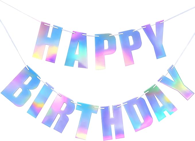 BTSD-home Iridescent Happy Birthday Banner 11ft Pre-Strung Letter Cards Reusable Cardstock Iridescent Birthday Decorations Unisex for Indoor Outdoor Holographic Party Backdrop