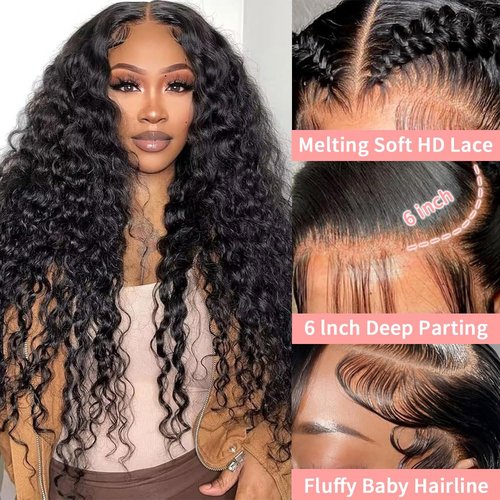 Dokihis 13x6 Deep Wave Lace Front Wigs Human Hair 22 Inch 200 Density HD Lace Frontal Glueless Wigs Human Hair Pre Plucked Deep Curly Wig with Baby Hair Natural Black