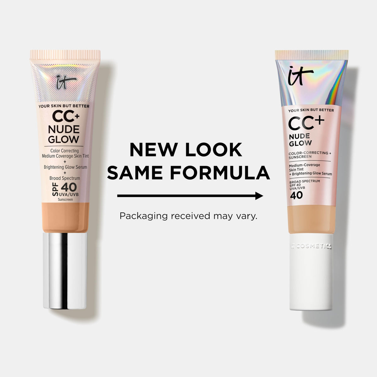 IT Cosmetics CC+ Nude Glow (Medium) - Medium Coverage Foundation with SPF 40 & Brightening Glow Serum, Lightweight Skin Tint, 2% Niacinamide + Hyaluronic Acid, Up to 24H Hydration - 1.08 fl oz