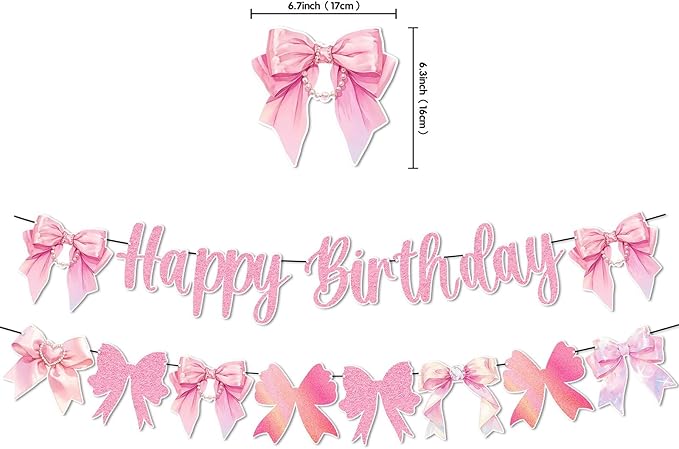 Pink Bow Garland Banner Happy Birthday Banner Decoration Bow Baby Shower Girl Birthday Party Bow Decorations Supplies